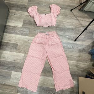 Sweet Rain two piece set, pink and white striped 100% cotton wide leg capri/crop